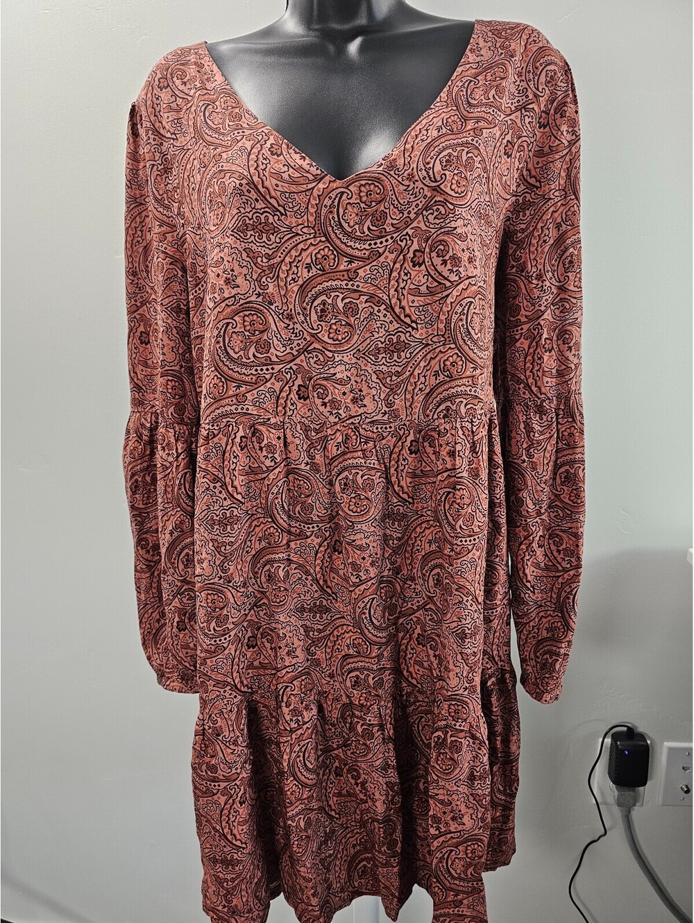 Lucky Brand Long Sleeve Paisley Print Dress in Rust - Size L
